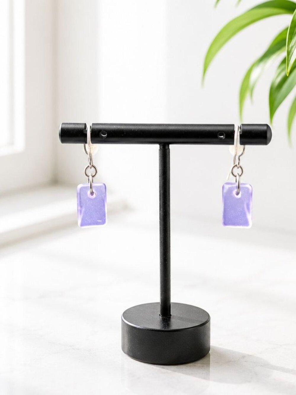 Rectangle Lavender Glass Earrings With Sterling Silver Hooks - Vintage Jewelry P